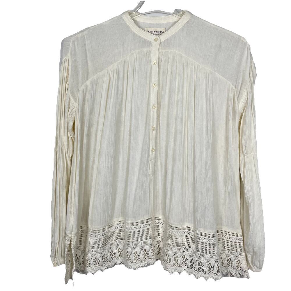 Denim & Supply Ralph Lauren Tunic Top Women Sm Ivory Gauze Crochet Boho Peasant
